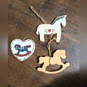 Vintage Wooden Holiday  Horse Ornaments Set Of 3.